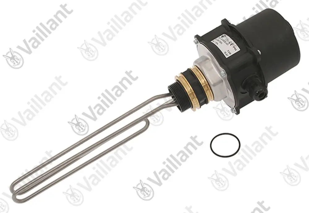 Vaillant Heizkörper mit elektrischer Heizwendel, ausgestattet mit einem Motor und Anschluss für die Installation. Kunststoff- und Metallkomponenten sind sichtbar.